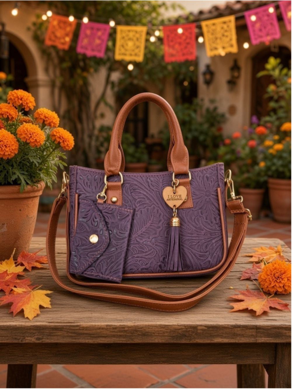 Dusty Purple Plum Tassel Floral Embossed Tooled Artisan LEATHER Crossbody Bag